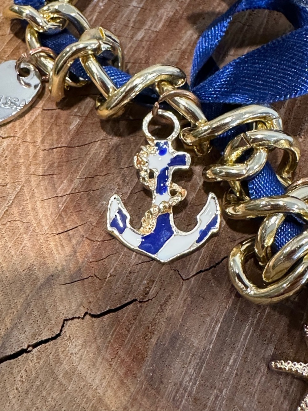 MONA LISA Gold Charm Necklace with Blue Ribbon